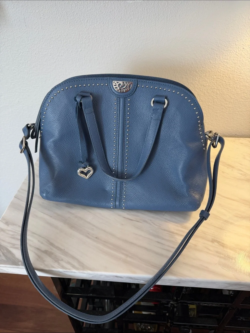 Brighton Blue Pebbled Leather Dome Satchel with Heart Charm